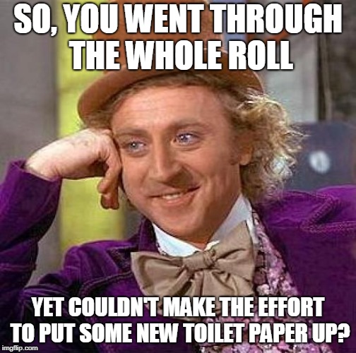I've lost all faith in humanity | SO, YOU WENT THROUGH THE WHOLE ROLL; YET COULDN'T MAKE THE EFFORT TO PUT SOME NEW TOILET PAPER UP? | image tagged in memes,creepy condescending wonka,funny,toilet,toilet paper,stupid people | made w/ Imgflip meme maker