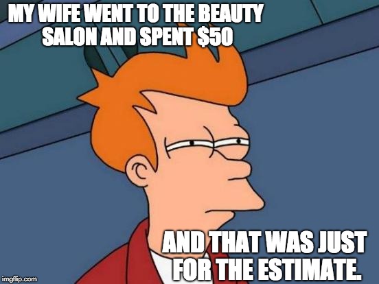 Futurama Fry Meme | MY WIFE WENT TO THE BEAUTY SALON AND SPENT $50; AND THAT WAS JUST FOR THE ESTIMATE. | image tagged in memes,futurama fry | made w/ Imgflip meme maker