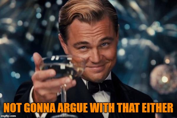 Leonardo Dicaprio Cheers Meme | NOT GONNA ARGUE WITH THAT EITHER | image tagged in memes,leonardo dicaprio cheers | made w/ Imgflip meme maker
