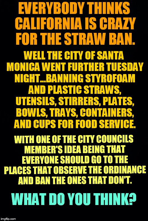 I Don't Really Do Political Memes Here But... | EVERYBODY THINKS CALIFORNIA IS CRAZY FOR THE STRAW BAN. WELL THE CITY OF SANTA MONICA WENT FURTHER TUESDAY NIGHT...BANNING STYROFOAM AND PLASTIC STRAWS, UTENSILS, STIRRERS, PLATES, BOWLS, TRAYS, CONTAINERS, AND CUPS FOR FOOD SERVICE. WITH ONE OF THE CITY COUNCILS MEMBER'S IDEA BEING THAT EVERYONE SHOULD GO TO THE PLACES THAT OBSERVE THE ORDINANCE AND BAN THE ONES THAT DON'T. WHAT DO YOU THINK? | image tagged in memes,california,city,banned,plastic,food service items | made w/ Imgflip meme maker