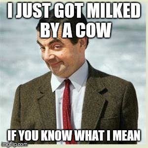 Mr Bean Smirk | I JUST GOT MILKED BY A COW IF YOU KNOW WHAT I MEAN | image tagged in mr bean smirk | made w/ Imgflip meme maker