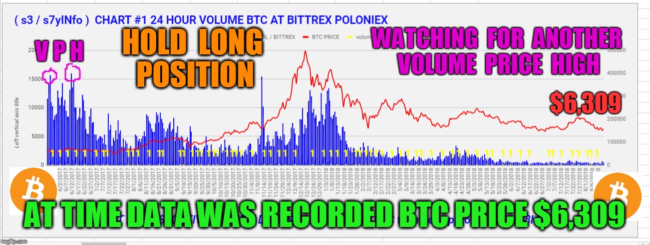 WATCHING  FOR  ANOTHER  VOLUME  PRICE  HIGH; V P H; HOLD  LONG  POSITION; $6,309; AT TIME DATA WAS RECORDED BTC PRICE $6,309 | made w/ Imgflip meme maker