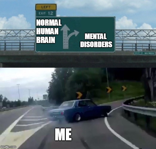 Left Exit 12 Off Ramp Meme | NORMAL  
HUMAN BRAIN; MENTAL DISORDERS; ME | image tagged in memes,left exit 12 off ramp | made w/ Imgflip meme maker