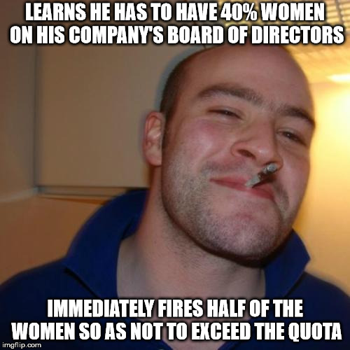 Yes, woman quotas have been discussed both in the EU and in several member states | LEARNS HE HAS TO HAVE 40% WOMEN ON HIS COMPANY'S BOARD OF DIRECTORS; IMMEDIATELY FIRES HALF OF THE WOMEN SO AS NOT TO EXCEED THE QUOTA | image tagged in memes,good guy greg | made w/ Imgflip meme maker