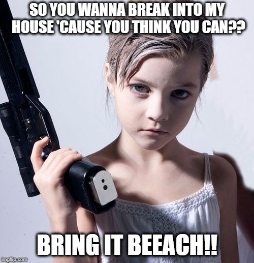 SO YOU WANNA BREAK INTO MY HOUSE 'CAUSE YOU THINK YOU CAN?? BRING IT BEEACH!! | image tagged in gun control,home alone kid | made w/ Imgflip meme maker