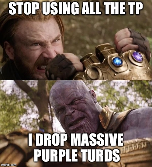 Avengers Infinity War Cap vs Thanos | STOP USING ALL THE TP; I DROP MASSIVE PURPLE TURDS | image tagged in avengers infinity war cap vs thanos | made w/ Imgflip meme maker