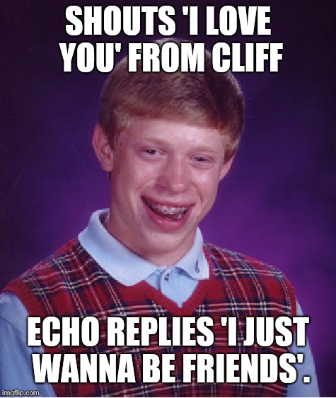 SHOUTS 'I LOVE YOU' FROM CLIFF; ECHO REPLIES 'I JUST WANNA BE FRIENDS'. | image tagged in bad luck brian | made w/ Imgflip meme maker