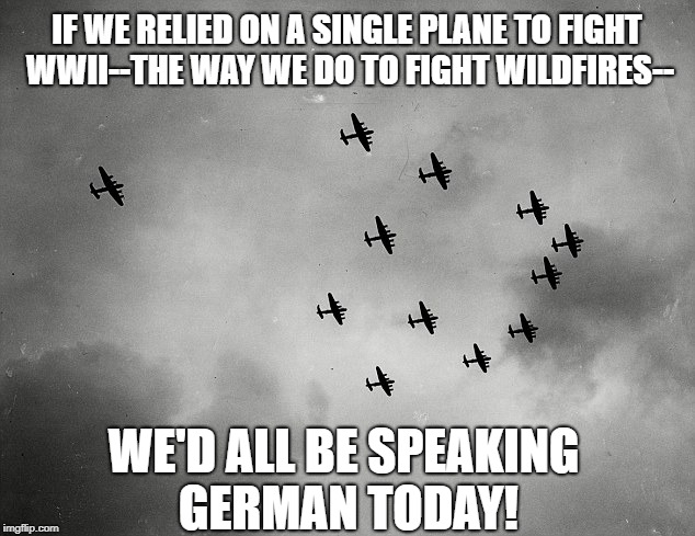 IF WE RELIED ON A SINGLE PLANE TO FIGHT WWII--THE WAY WE DO TO FIGHT WILDFIRES--; WE'D ALL BE SPEAKING GERMAN TODAY! | image tagged in world war two wildfires | made w/ Imgflip meme maker