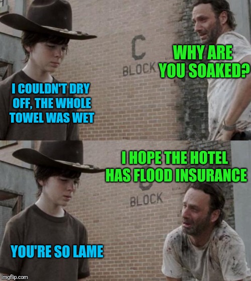 Rick and Carl | WHY ARE YOU SOAKED? I COULDN'T DRY OFF, THE WHOLE TOWEL WAS WET; I HOPE THE HOTEL HAS FLOOD INSURANCE; YOU'RE SO LAME | image tagged in memes,rick and carl | made w/ Imgflip meme maker