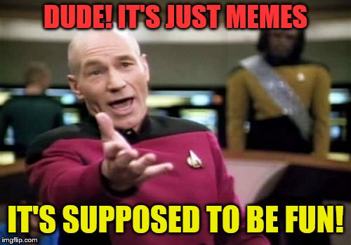 Picard Wtf Meme | DUDE! IT'S JUST MEMES IT'S SUPPOSED TO BE FUN! | image tagged in memes,picard wtf | made w/ Imgflip meme maker