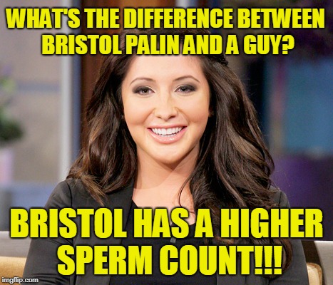 Difference between Bristol Palin and a Guy!! | WHAT'S THE DIFFERENCE BETWEEN BRISTOL PALIN AND A GUY? BRISTOL HAS A HIGHER SPERM COUNT!!! | image tagged in bristol palin | made w/ Imgflip meme maker