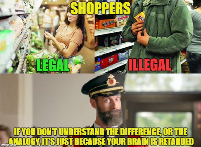 SHOPPERS IF YOU DON'T UNDERSTAND THE DIFFERENCE, OR THE ANALOGY, IT'S JUST BECAUSE YOUR BRAIN IS RETARDED LEGAL ILLEGAL | made w/ Imgflip meme maker