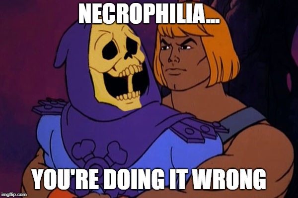 heman skeletor | NECROPHILIA... YOU'RE DOING IT WRONG | image tagged in heman skeletor | made w/ Imgflip meme maker