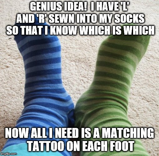 socks | GENIUS IDEA!  I HAVE 'L' AND 'R' SEWN INTO MY SOCKS SO THAT I KNOW WHICH IS WHICH; NOW ALL I NEED IS A MATCHING TATTOO ON EACH FOOT | image tagged in socks | made w/ Imgflip meme maker