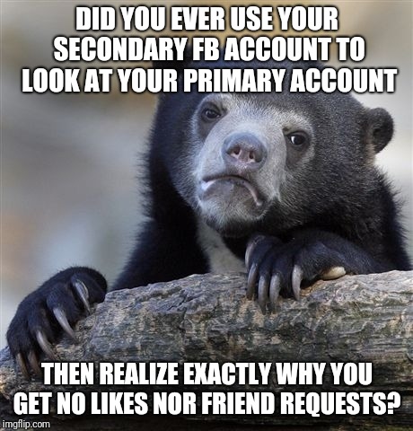 Lonely bear  | DID YOU EVER USE YOUR SECONDARY FB ACCOUNT TO LOOK AT YOUR PRIMARY ACCOUNT; THEN REALIZE EXACTLY WHY YOU GET NO LIKES NOR FRIEND REQUESTS? | image tagged in memes,confession bear,lonely,alone,facebook | made w/ Imgflip meme maker