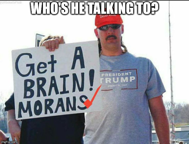 Get a brain, Moran | WHO'S HE TALKING TO? | image tagged in donald trump,moron,butthurt man | made w/ Imgflip meme maker