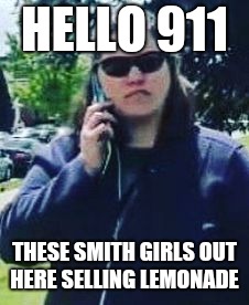 BBQ BECKY | HELLO 911; THESE SMITH GIRLS OUT HERE SELLING LEMONADE | image tagged in bbq becky | made w/ Imgflip meme maker