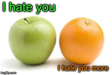 apples oranges compare difference | I hate you I hate you more | image tagged in apples oranges compare difference | made w/ Imgflip meme maker