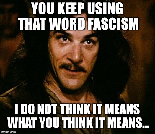 Inigo Montoya |  YOU KEEP USING THAT WORD FASCISM; I DO NOT THINK IT MEANS WHAT YOU THINK IT MEANS... | image tagged in memes,inigo montoya | made w/ Imgflip meme maker