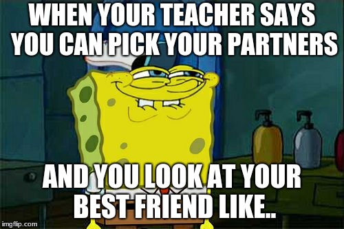 Don't You Squidward Meme | WHEN YOUR TEACHER SAYS YOU CAN PICK YOUR PARTNERS; AND YOU LOOK AT YOUR BEST FRIEND LIKE.. | image tagged in memes,dont you squidward | made w/ Imgflip meme maker