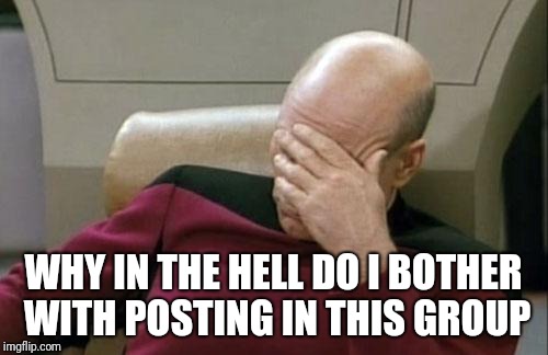Captain Picard Facepalm Meme | WHY IN THE HELL DO I BOTHER WITH POSTING IN THIS GROUP | image tagged in memes,captain picard facepalm | made w/ Imgflip meme maker