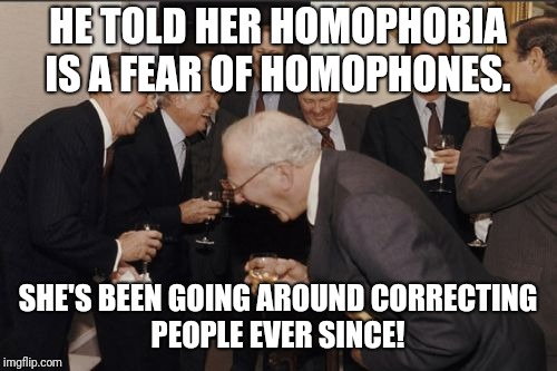 What a homo!  | HE TOLD HER HOMOPHOBIA IS A FEAR OF HOMOPHONES. SHE'S BEEN GOING AROUND CORRECTING PEOPLE EVER SINCE! | image tagged in memes,laughing men in suits,homophobia,homo,homophobic | made w/ Imgflip meme maker
