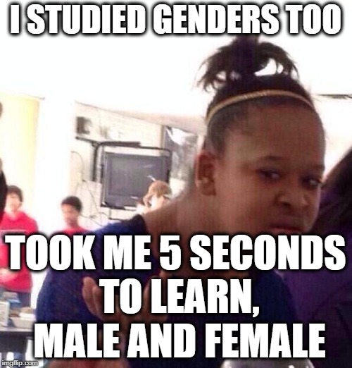 Black Girl Wat Meme | I STUDIED GENDERS TOO TOOK ME 5 SECONDS TO LEARN, MALE AND FEMALE | image tagged in memes,black girl wat | made w/ Imgflip meme maker