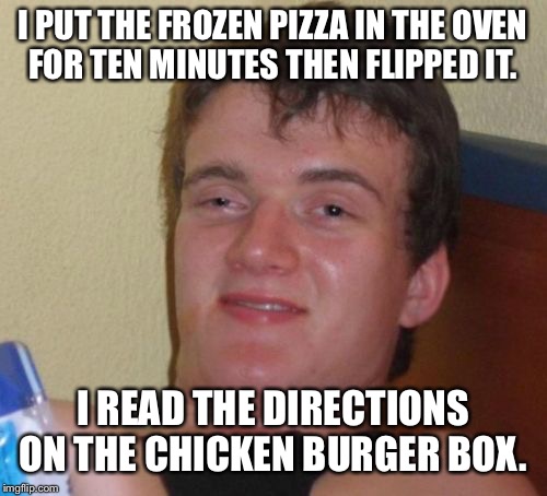10 Guy Meme | I PUT THE FROZEN PIZZA IN THE OVEN FOR TEN MINUTES THEN FLIPPED IT. I READ THE DIRECTIONS ON THE CHICKEN BURGER BOX. | image tagged in memes,10 guy | made w/ Imgflip meme maker