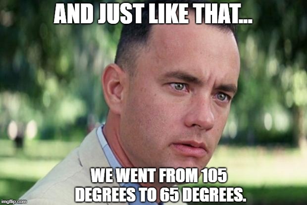 And Just Like That Meme | AND JUST LIKE THAT... WE WENT FROM 105 DEGREES TO 65 DEGREES. | image tagged in forrest gump | made w/ Imgflip meme maker