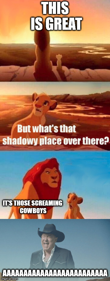 Simba Shadowy Place | THIS IS GREAT; IT'S THOSE SCREAMING COWBOYS; AAAAAAAAAAAAAAAAAAAAAAAAA | image tagged in memes,big enough,simba shadowy place | made w/ Imgflip meme maker