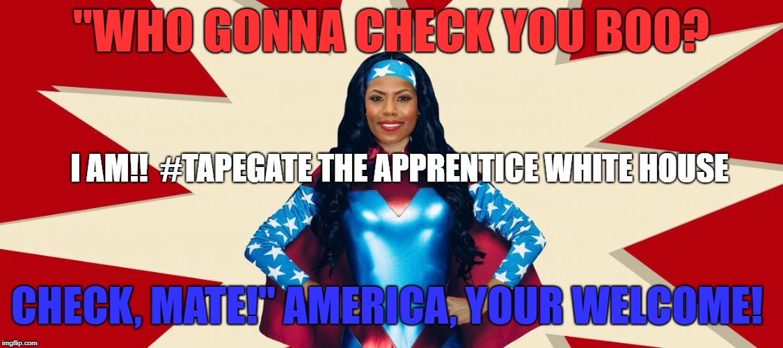 "WHO GONNA CHECK YOU BOO? I AM!!  #TAPEGATE THE APPRENTICE WHITE HOUSE; CHECK, MATE!" AMERICA, YOUR WELCOME! | image tagged in who gonna check you boo i did! check mate!" | made w/ Imgflip meme maker