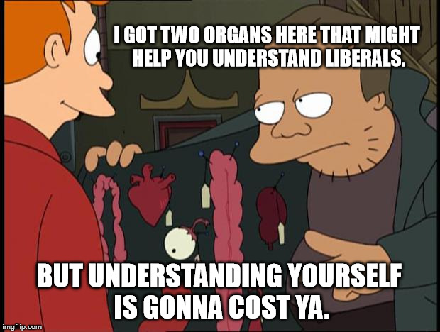 Organ Dealer | I GOT TWO ORGANS HERE THAT MIGHT HELP YOU UNDERSTAND LIBERALS. BUT UNDERSTANDING YOURSELF IS GONNA COST YA. | image tagged in organ dealer | made w/ Imgflip meme maker