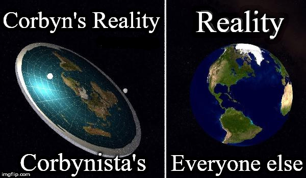 Corbyn v Flat Earthers | Reality; Corbyn's Reality; #wearecorbyn; Corbynista's; Everyone else | image tagged in flat earth,corbyn eww,anti-semite and a racist,momentum students,party of haters,wearecorbyn | made w/ Imgflip meme maker
