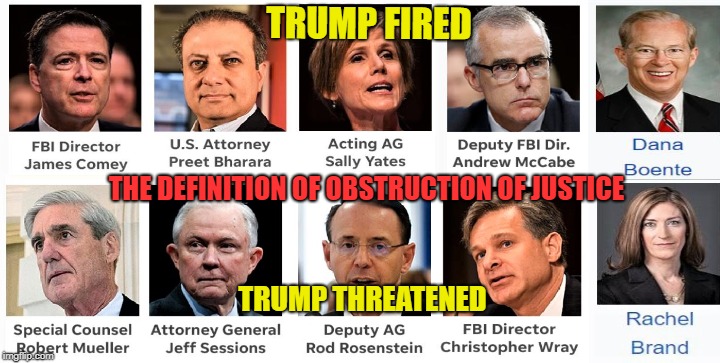 obstruction of justice | TRUMP FIRED; THE DEFINITION OF OBSTRUCTION OF JUSTICE; TRUMP THREATENED | image tagged in trump,comey,mueller,obstruction of justice,treason | made w/ Imgflip meme maker