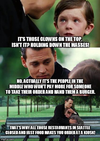 Finding Neverland Meme | IT'S THOSE CLOWNS ON THE TOP, ISN'T IT? HOLDING DOWN THE MASSES! NO, ACTUALLY IT'S THE PEOPLE IN THE MIDDLE WHO WON'T PAY MORE FOR SOMEONE T | image tagged in memes,finding neverland | made w/ Imgflip meme maker