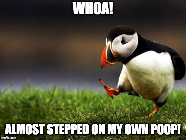 Unpopular Opinion Puffin Meme | WHOA! ALMOST STEPPED ON MY OWN POOP! | image tagged in memes,unpopular opinion puffin | made w/ Imgflip meme maker