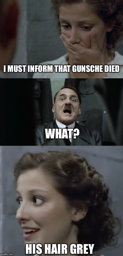 Anti Joke Traudl | I MUST INFORM THAT GUNSCHE DIED WHAT? HIS HAIR GREY | image tagged in anti joke traudl | made w/ Imgflip meme maker