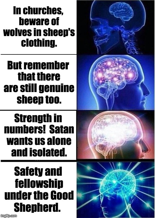 Organized Religion | In churches, beware of wolves in sheep's clothing. But remember that there are still genuine sheep too. Strength in numbers!  Satan wants us alone and isolated. Safety and fellowship under the Good Shepherd. | image tagged in memes,expanding brain,child molester,religion | made w/ Imgflip meme maker