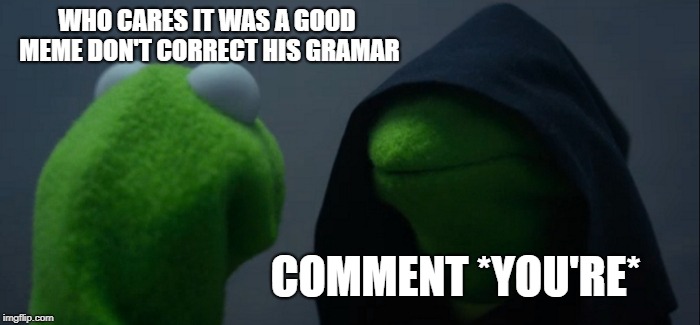 Evil Kermit | WHO CARES IT WAS A GOOD MEME DON'T CORRECT HIS GRAMAR; COMMENT *YOU'RE* | image tagged in memes,evil kermit | made w/ Imgflip meme maker