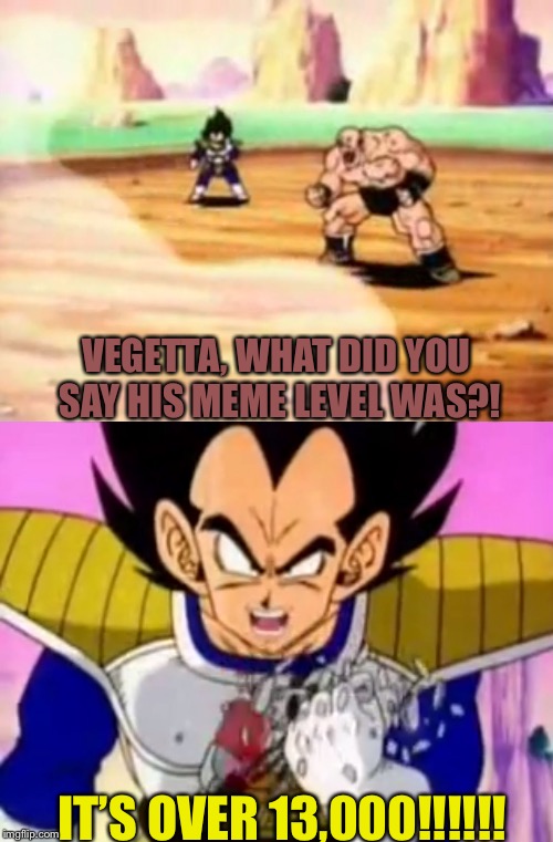 More precisely 13,443. | VEGETTA, WHAT DID YOU SAY HIS MEME LEVEL WAS?! IT’S OVER 13,000!!!!!! | image tagged in over 9000,nappa,dragon ball z,memes,old memes,funny | made w/ Imgflip meme maker