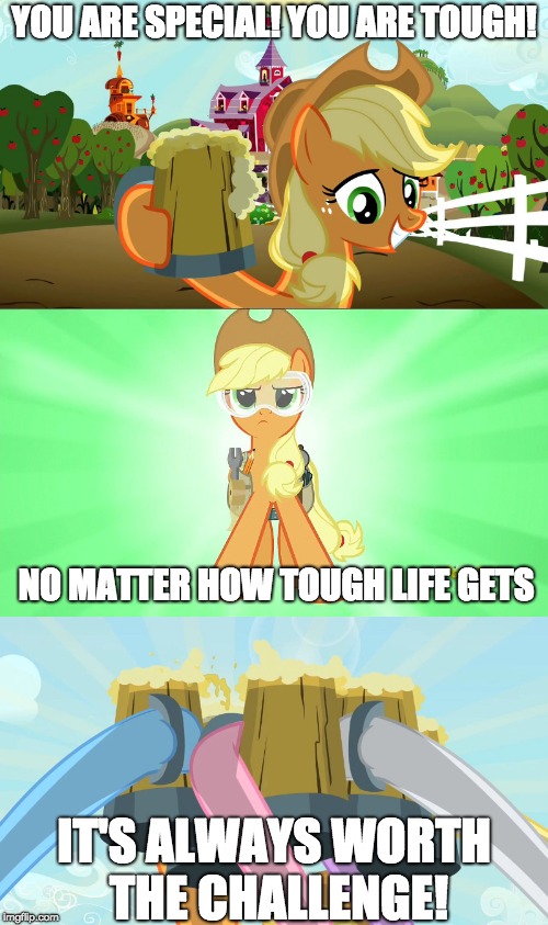 A very special message! | YOU ARE SPECIAL! YOU ARE TOUGH! NO MATTER HOW TOUGH LIFE GETS; IT'S ALWAYS WORTH THE CHALLENGE! | image tagged in memes,applejack and her cider,applejack repair pony,cheers mlp,special message,xanderbrony | made w/ Imgflip meme maker