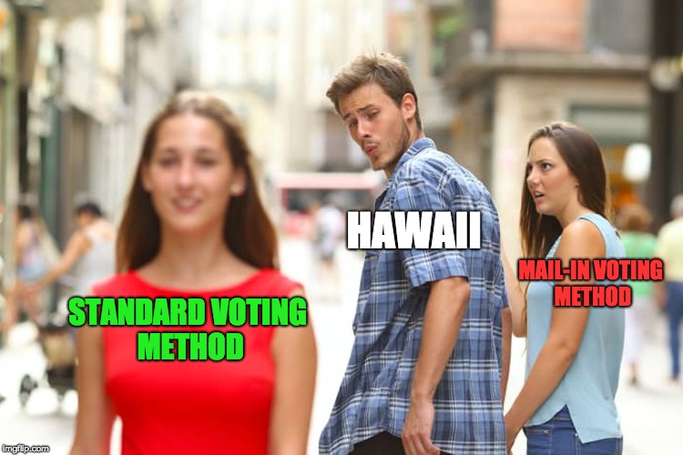 Why does Hawaii Love the old Voting Method? | HAWAII; MAIL-IN VOTING METHOD; STANDARD VOTING METHOD | image tagged in memes,distracted boyfriend,voting,election,hawaii,nostalgia | made w/ Imgflip meme maker