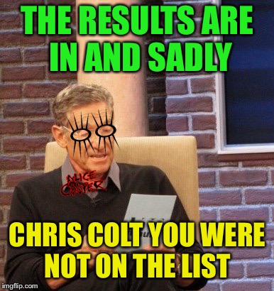 Results | THE RESULTS ARE IN AND SADLY CHRIS COLT YOU WERE NOT ON THE LIST | image tagged in results | made w/ Imgflip meme maker
