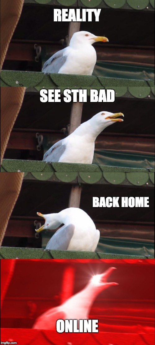 Inhaling Seagull Meme | REALITY; SEE STH BAD; BACK HOME; ONLINE | image tagged in memes,inhaling seagull | made w/ Imgflip meme maker