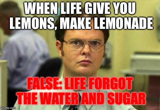 When Life Gives You Lemons.. Dwight Schrute will Interfere  | WHEN LIFE GIVE YOU LEMONS, MAKE LEMONADE; FALSE: LIFE FORGOT THE WATER AND SUGAR | image tagged in memes,dwight schrute | made w/ Imgflip meme maker