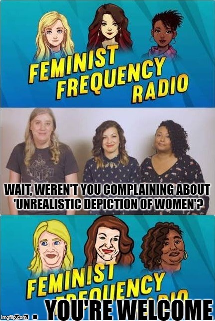 Fixed it for you, ladies. | WAIT, WEREN'T YOU COMPLAINING ABOUT 'UNREALISTIC DEPICTION OF WOMEN'? YOU'RE WELCOME; . . . | image tagged in anita sarkeesian,gamergate,feminism | made w/ Imgflip meme maker