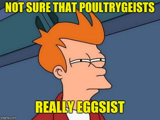 Futurama Fry Meme | NOT SURE THAT POULTRYGEISTS REALLY EGGSIST | image tagged in memes,futurama fry | made w/ Imgflip meme maker