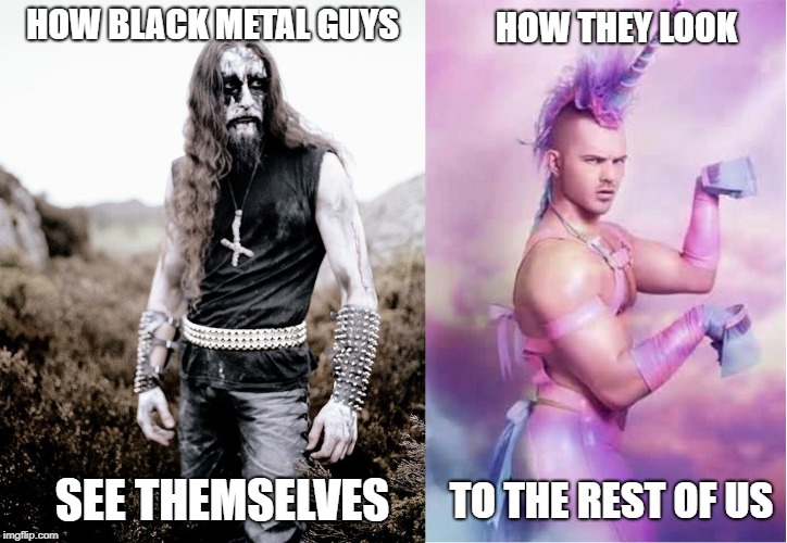 Unscary Black Metal Guys | HOW BLACK METAL GUYS; HOW THEY LOOK; TO THE REST OF US; SEE THEMSELVES | image tagged in unscary,cosplay fail,black metal,tired,brutal | made w/ Imgflip meme maker