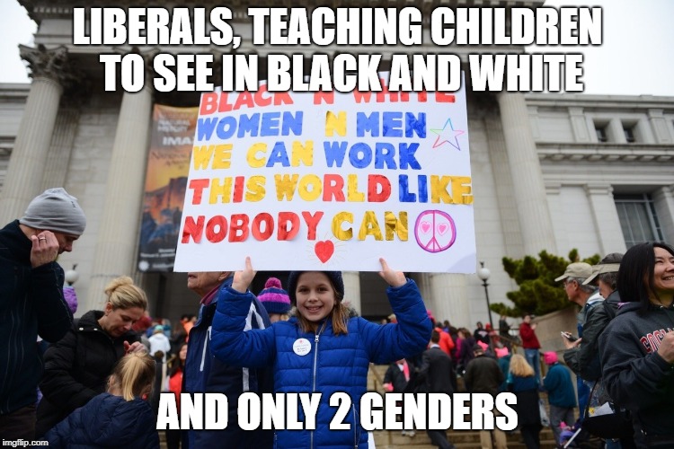 LIBERALS, TEACHING CHILDREN TO SEE IN BLACK AND WHITE; AND ONLY 2 GENDERS | image tagged in silly liberal | made w/ Imgflip meme maker