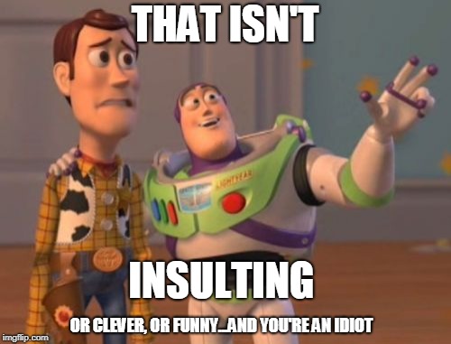 X, X Everywhere Meme | THAT ISN'T INSULTING OR CLEVER, OR FUNNY...AND YOU'RE AN IDIOT | image tagged in memes,x x everywhere | made w/ Imgflip meme maker